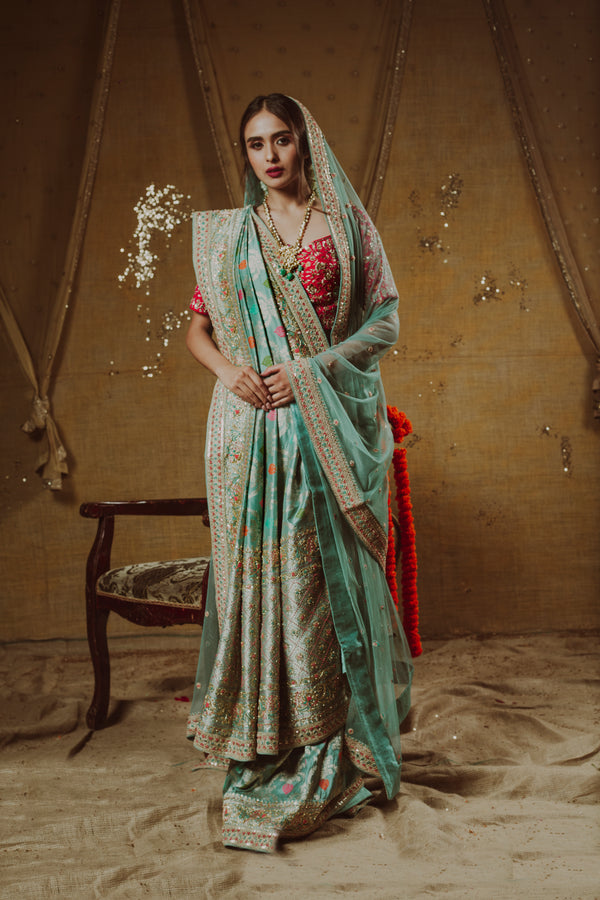 Teal Tranquility Banarasi Saree