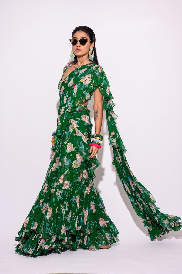 Printed Green Draped Saree