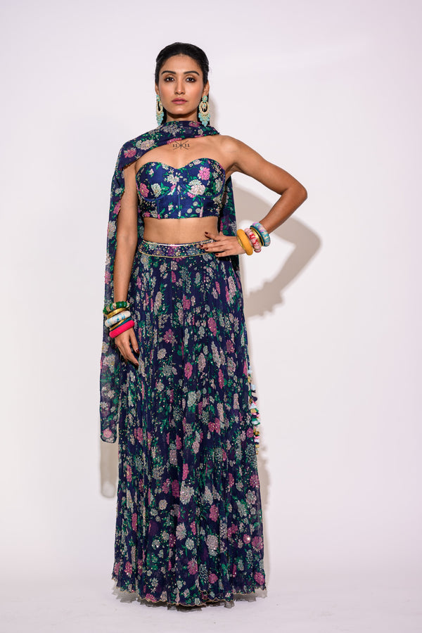 Blue Lehenga with Corset Blouse