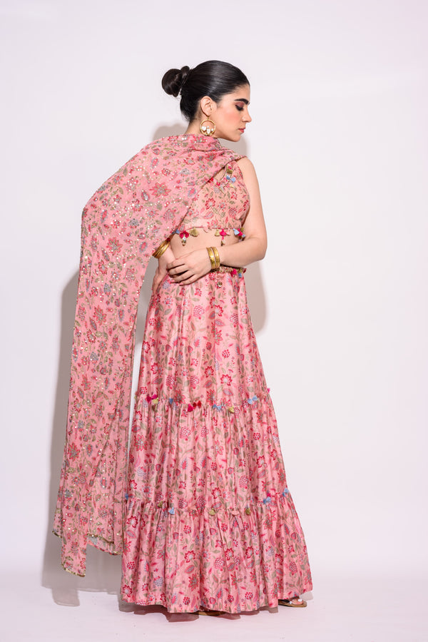 Printed Pink Lehenga with Chiffon dupatta