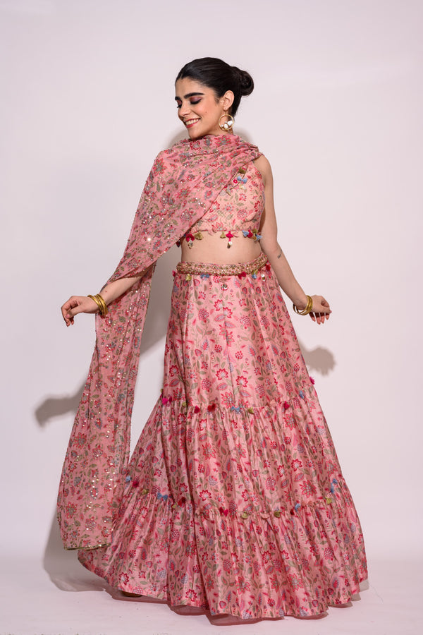 Printed Pink Lehenga with Chiffon dupatta