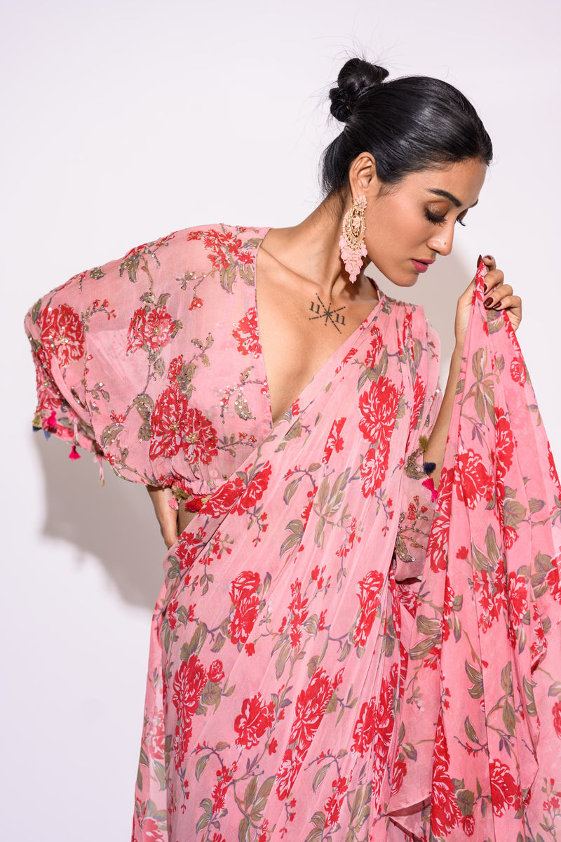 Printed Pink Draped Saree