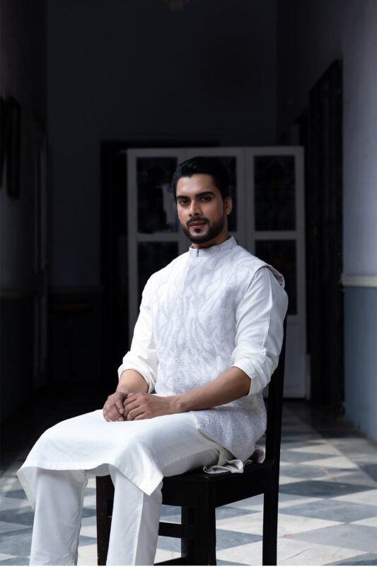 Valor, a light blue Nehru jacket set with intricate embroidery